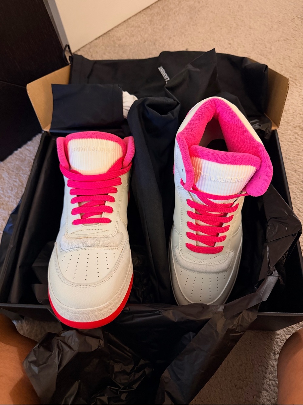 Yves Saint Laurent White Sneakers with Hot Pink Accents